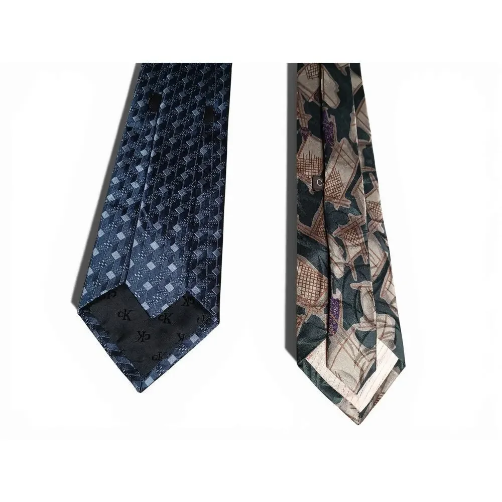 Calvin Klein 100% Silk Tie Lot 2pc Blue Geometric & Abstract Print 56”